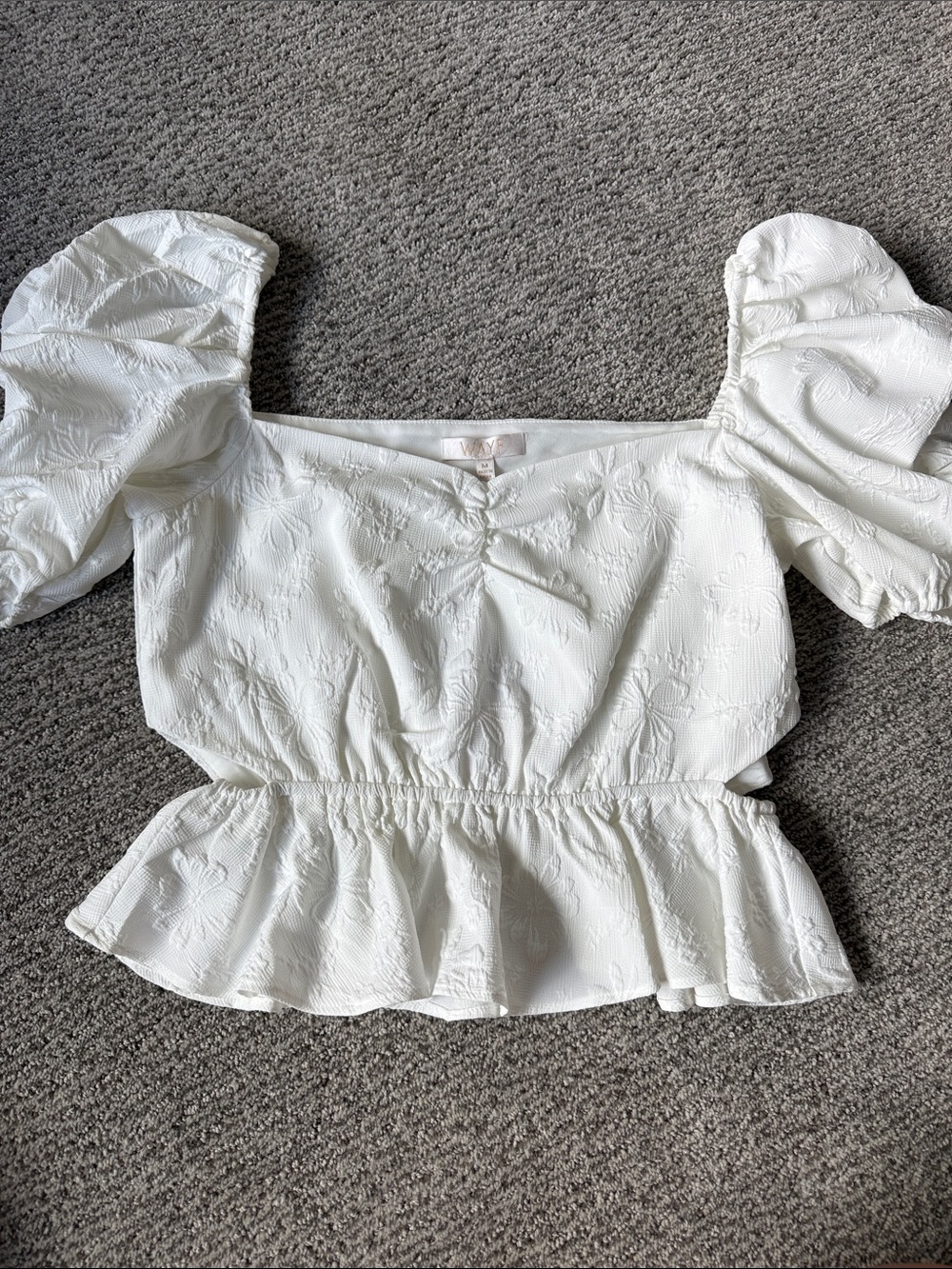 Wayf White Square Neck Puff Sleeve Peplum Top